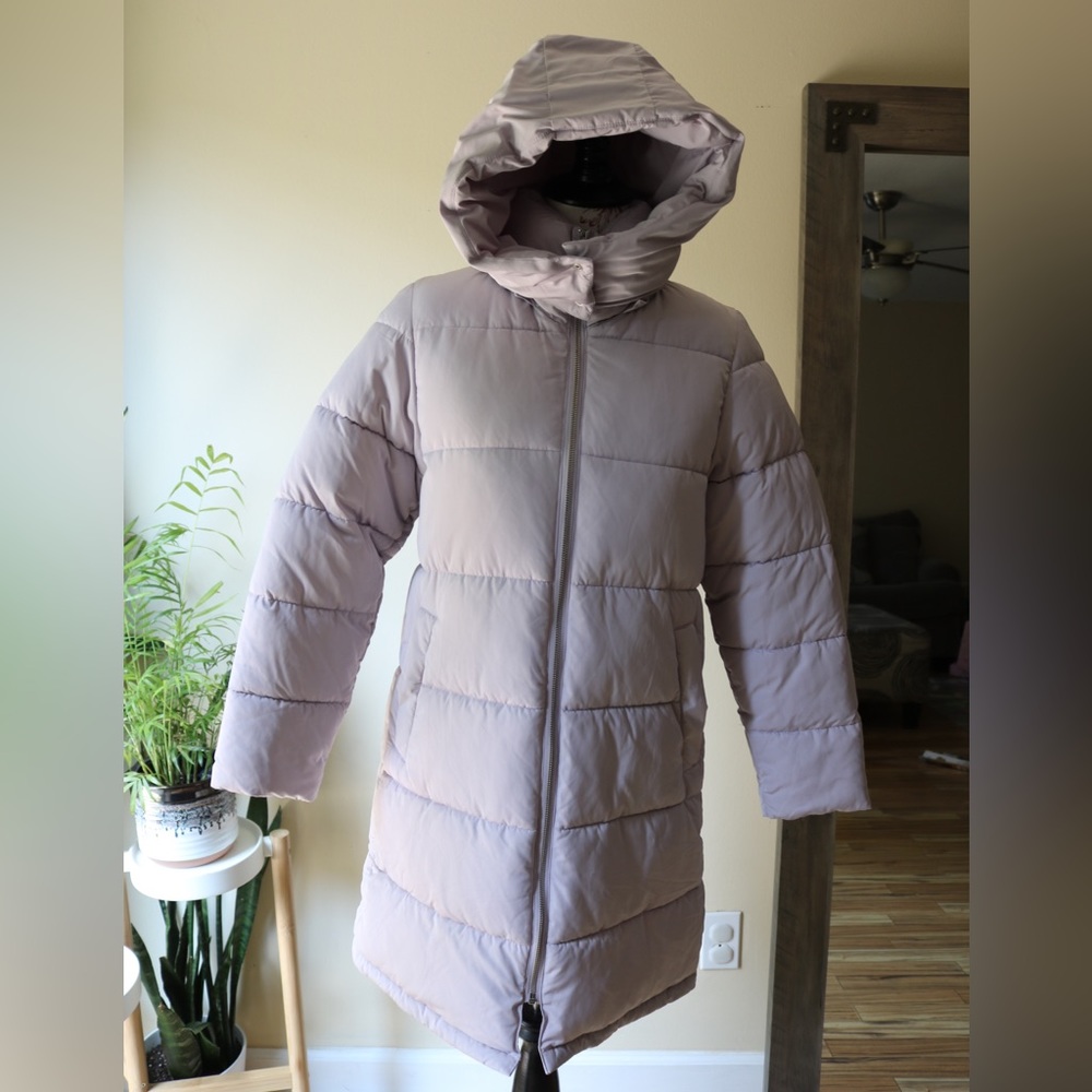 Lavender Longline Hooded Puffer Coat, size medium